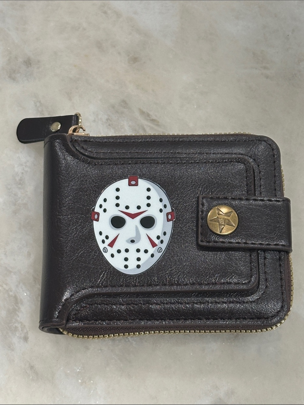Men's Brown Leather Zip Wallet with Friday the 13th Jason Voorhees Hockey Mask